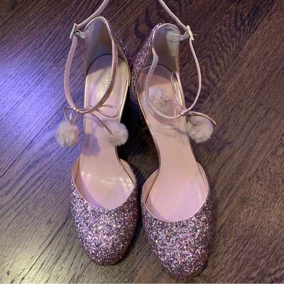 Kate Spade Abigail Rose Gold Glitter/ Nappa pumps w/faux-fur pom-pom sz 10 $328 - Picture 3 of 8